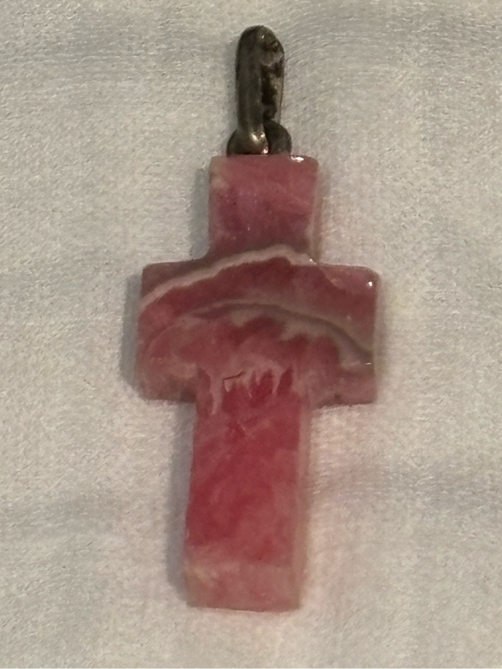 Vintage handcrafted carved pink rhodochrosite stone cross pendant